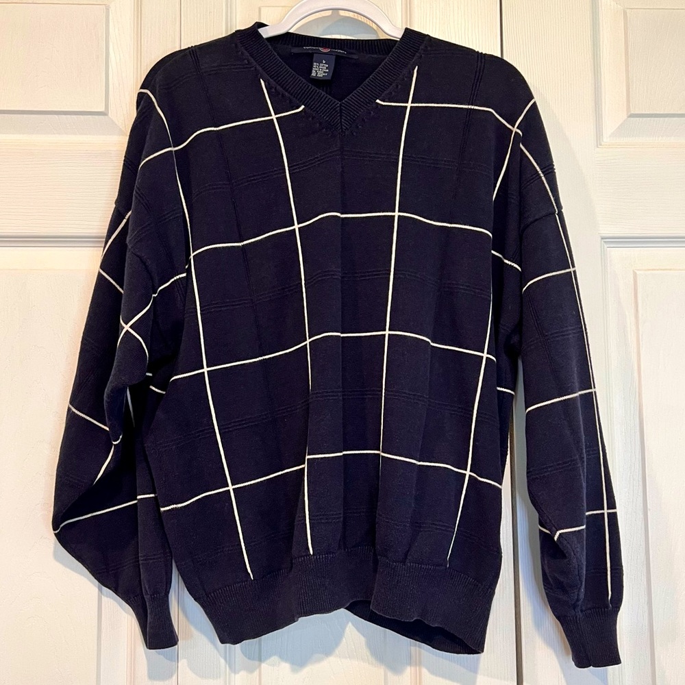 🍊 Vintage Cotton Trader Men’s Blue and White Sweater- Large